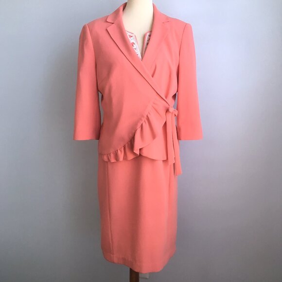 Sharagano Noir Peach Ruffle Wrap Crepe Blazer Suit Jacket 12 V Neck Work - Picture 9 of 11